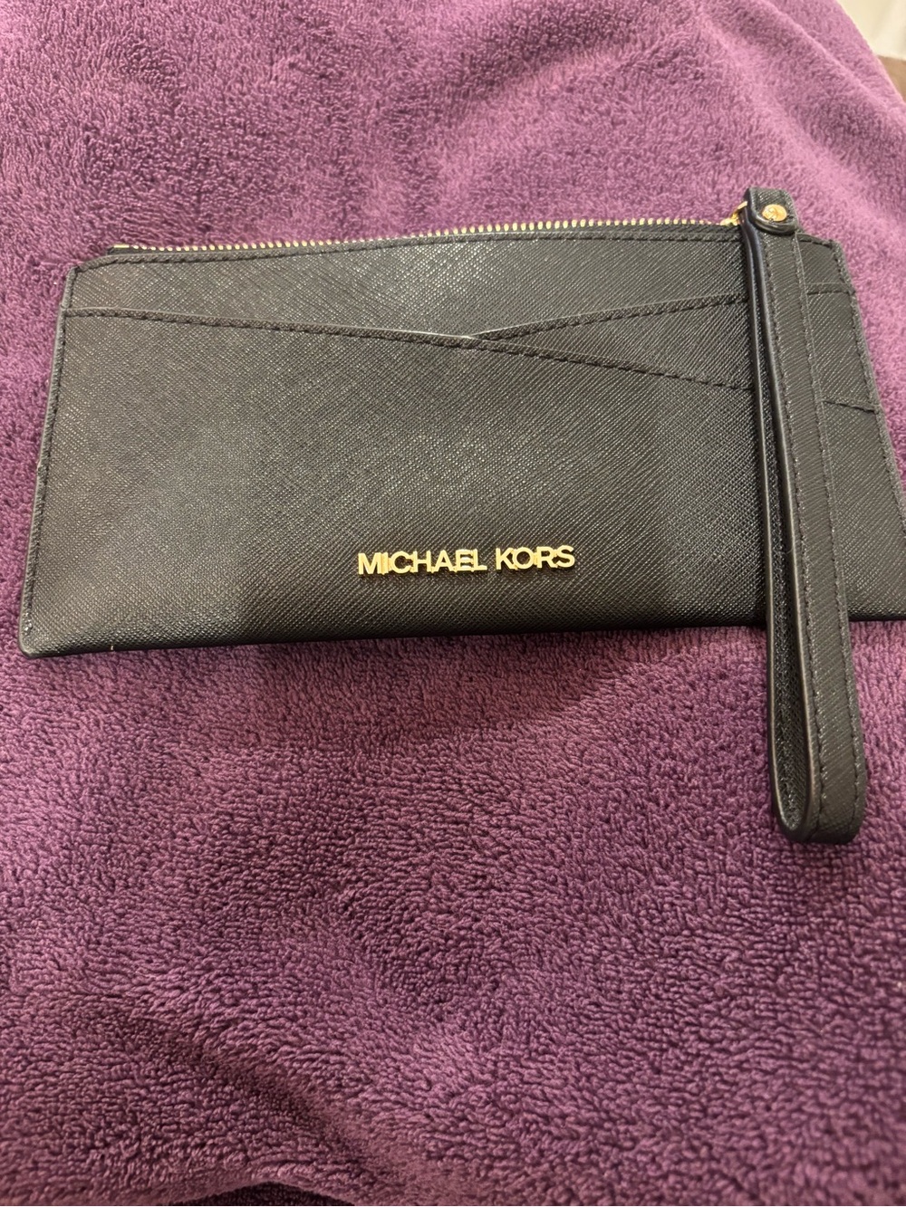 Michael Kors Black Saffiano Leather Wristlet Wallet with Gold Logo